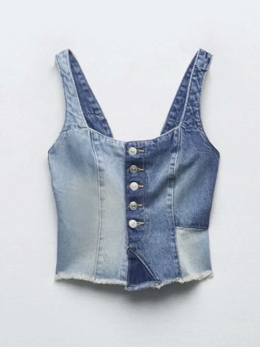 ZARA patchwork denim cropped corset top with buttons - Picture 1 of 4